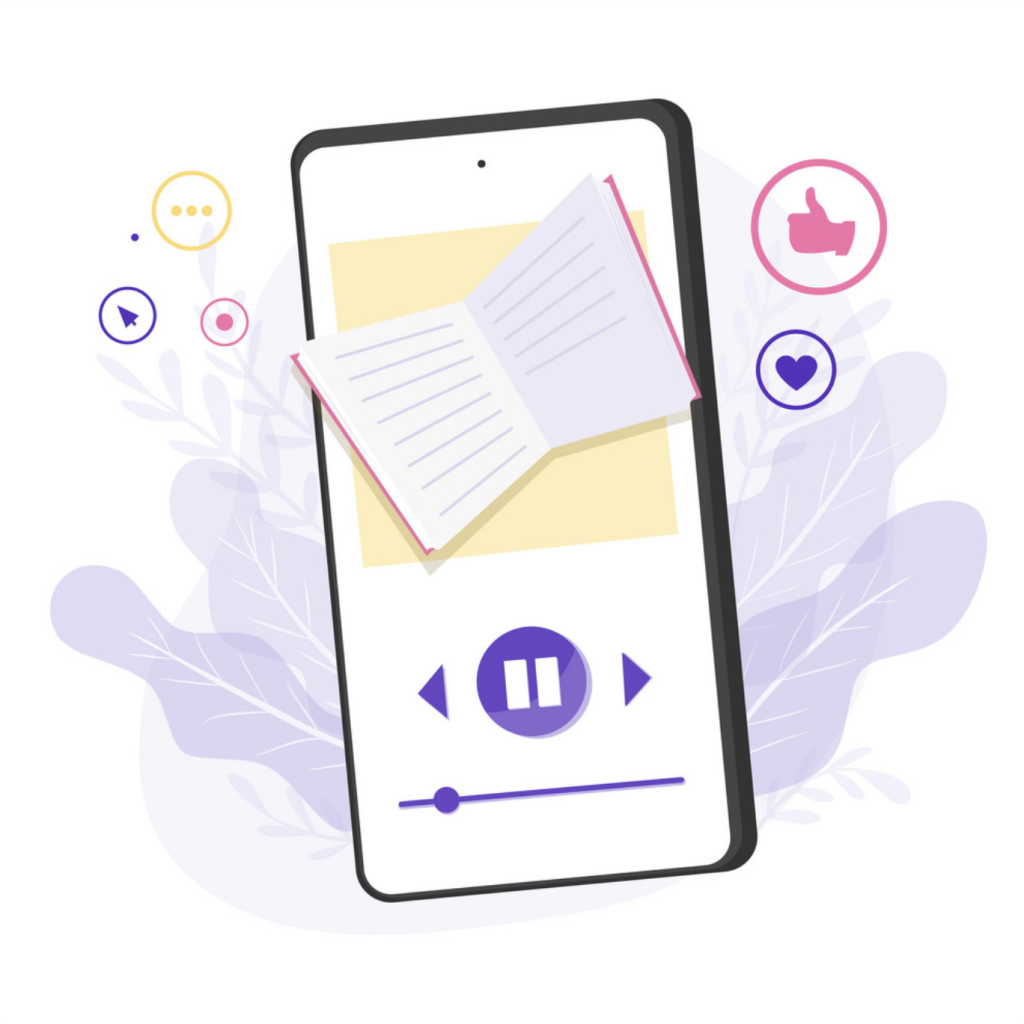 Äänikirjaa kuvaava kuvituskuva Hintaguru.fi-sivustolla.